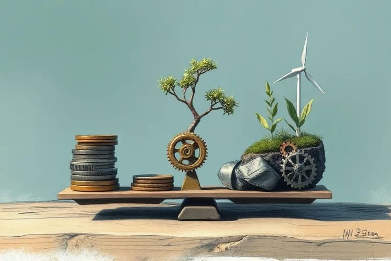 Bodegón conceptual con una balanza equilibrada, mostrando monedas y engranajes en un lado, y un ecosistema en miniatura con un árbol y turbina eólica en el otro.