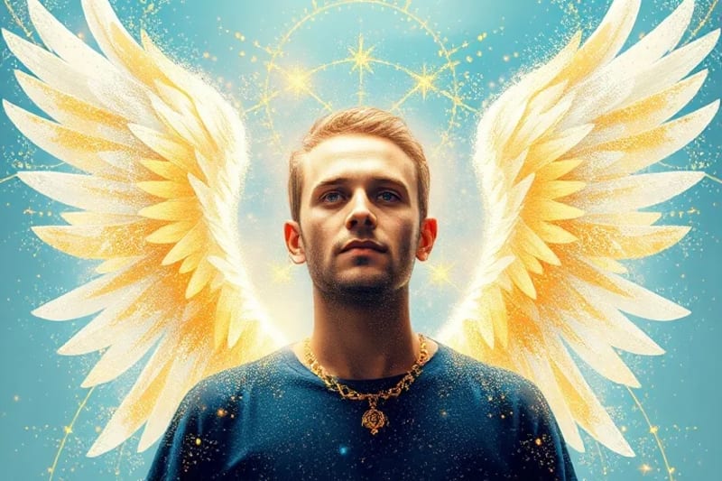 Representación digital de un escudo de energía protectora en tonos dorados y azules, emanando de alas angelicales, alrededor de una figura serena.