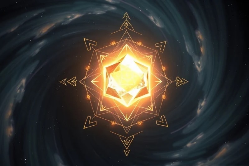 An abstract 3D render of a radiant, multi-faceted crystal pulsating with light, surrounded by geometric shapes and glowing sigils, symbolizing inner divinity and transformation.