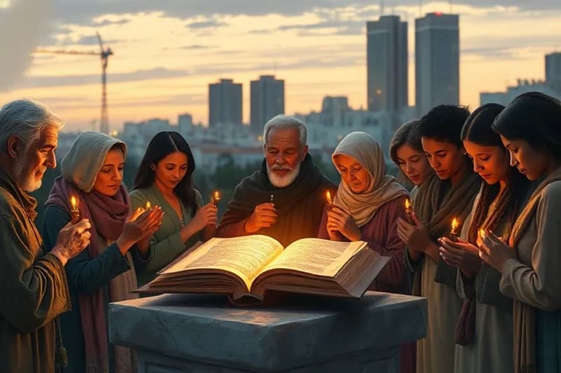 Grupo diverso de personas rezando el Rosario en un entorno urbano