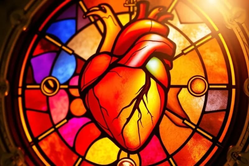 A healthy human heart glowing with astrological symbols, representing constitutional health strengths and vitality in medical astrology.