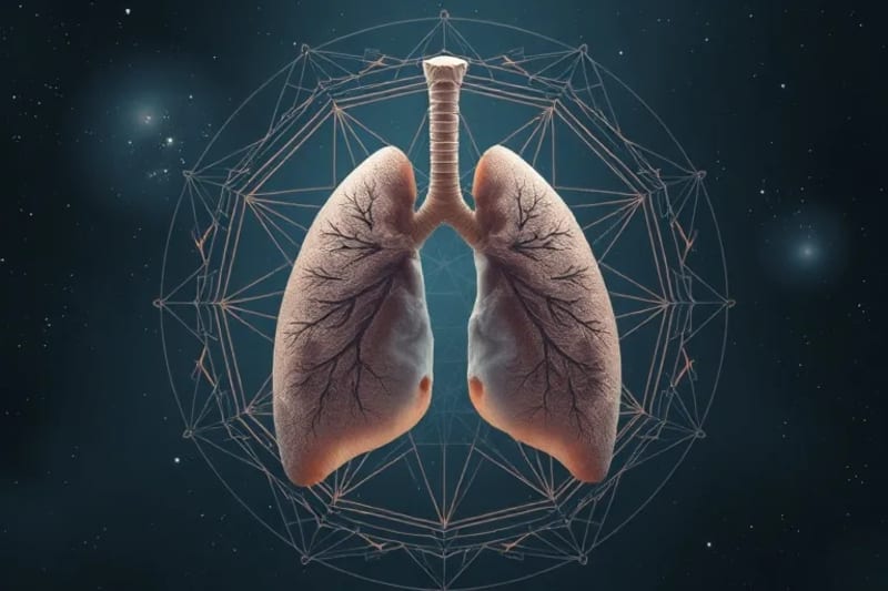A delicate, translucent human lung surrounded by faded astrological symbols, representing constitutional health weaknesses and vulnerabilities in medical astrology.