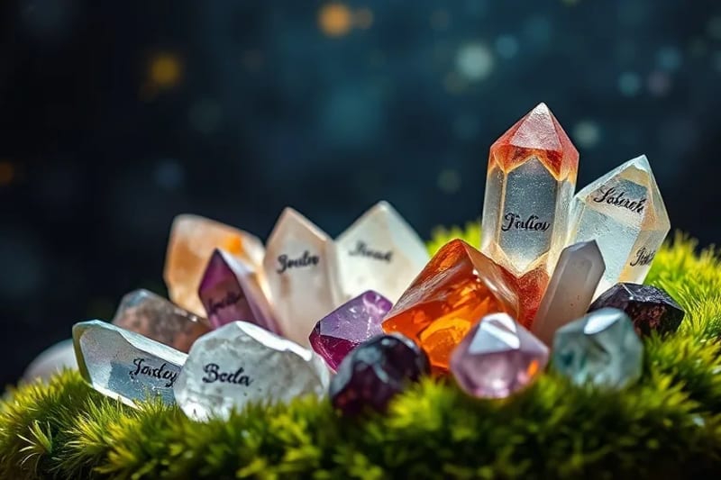 Colección de cristales zodiacales, pulidos y en bruto, sobre musgo, con luz mística