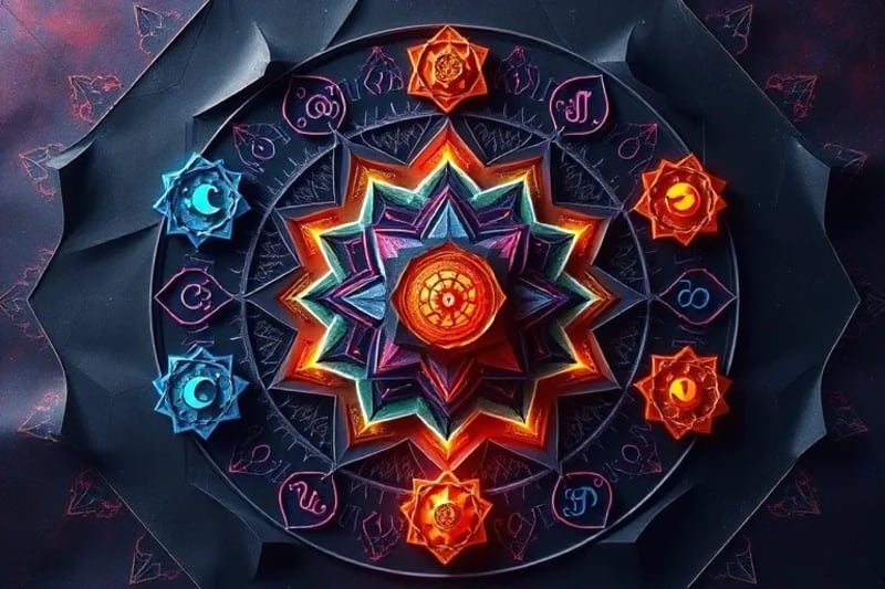 Símbolos zodiacales y de chakras entrelazados en una pintura digital abstracta