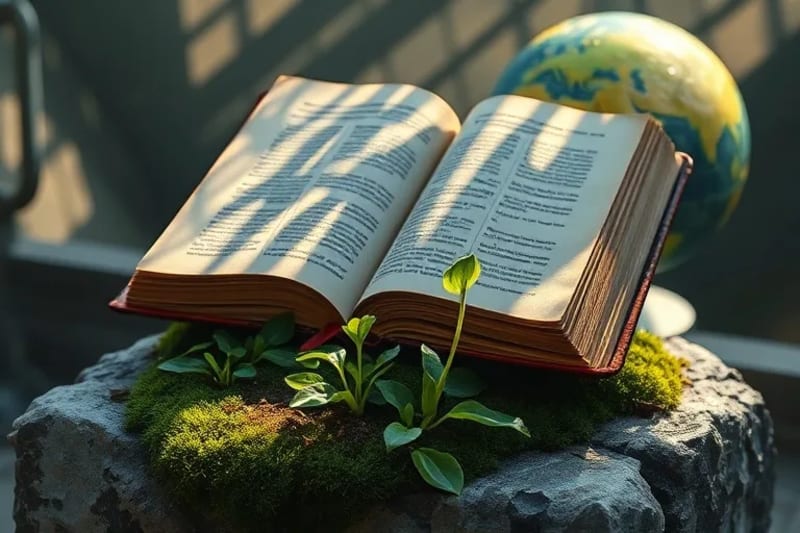 Libro abierto sobre una piedra musgosa, con brotes y agua, simbolizando la encíclica Laudato Si' y la renovación de la naturaleza.