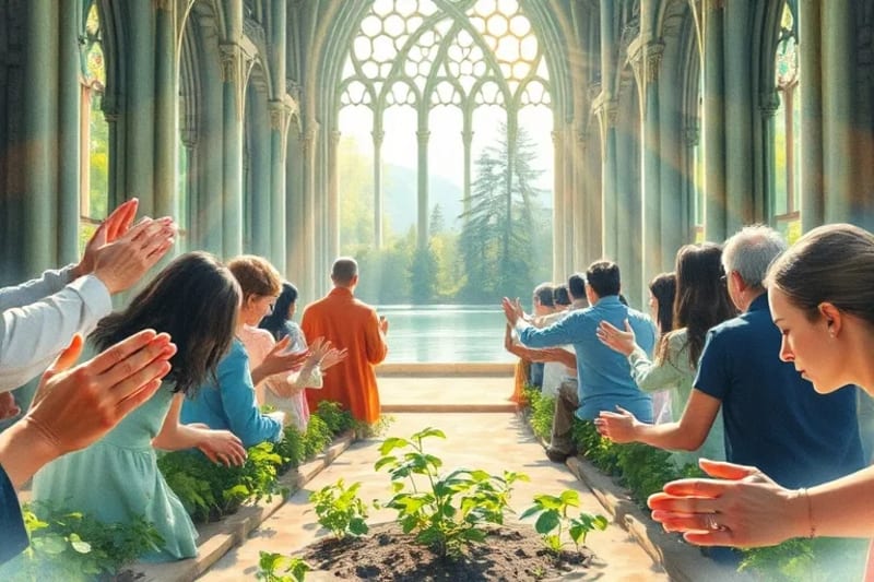 Manos diversas plantando semillas en un jardín, con personas orando en un bosque al fondo, simbolizando la acción comunitaria y la espiritualidad ecológica.