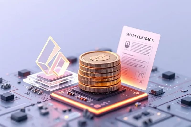 Render 3D de activos virtuales como un NFT, criptomonedas y un contrato inteligente holográfico, rodeados por un campo de fuerza digital que simboliza seguridad y propiedad.