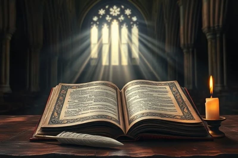 Pintura al óleo de un libro antiguo abierto con detalles iluminados, pluma y vela parpadeante.