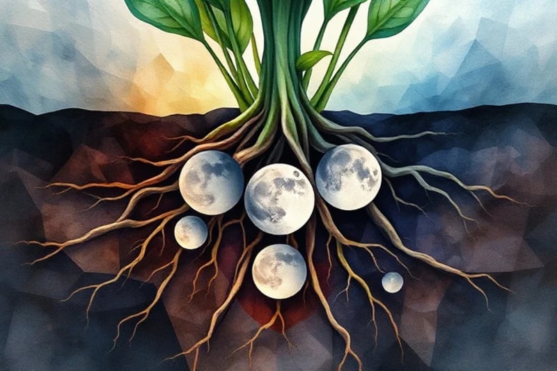 Ilustración acuarela de raíces de plantas entrelazadas con fases lunares, simbolizando la conexión entre el crecimiento vegetal y los ciclos de la luna