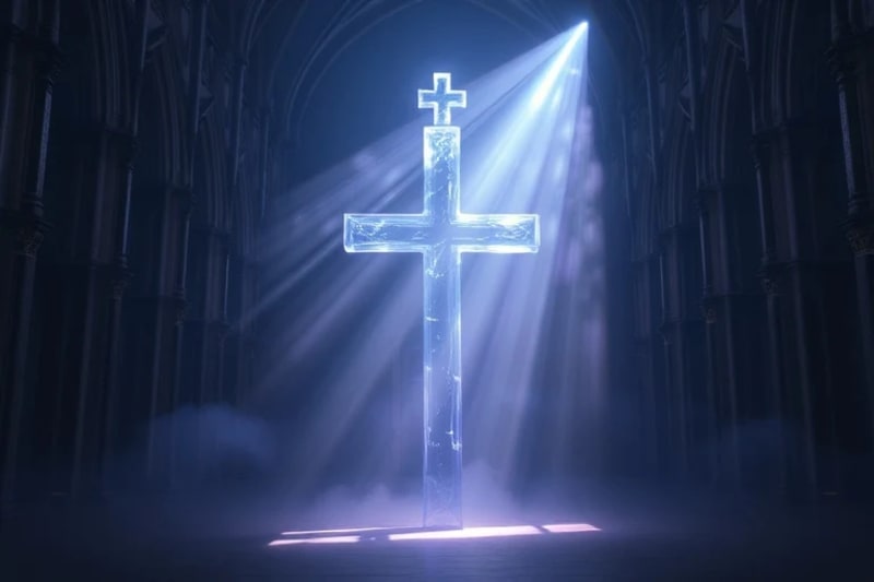 Render 3D de una cruz translúcida que brilla, rodeada de niebla que forma figuras ascendentes.