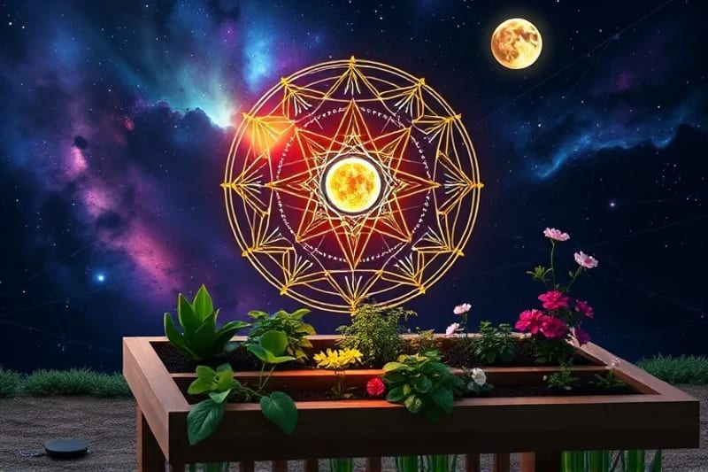 Representación 3D de un calendario celestial integrado en un huerto, mostrando la influencia de las fases lunares en diferentes tipos de plantas