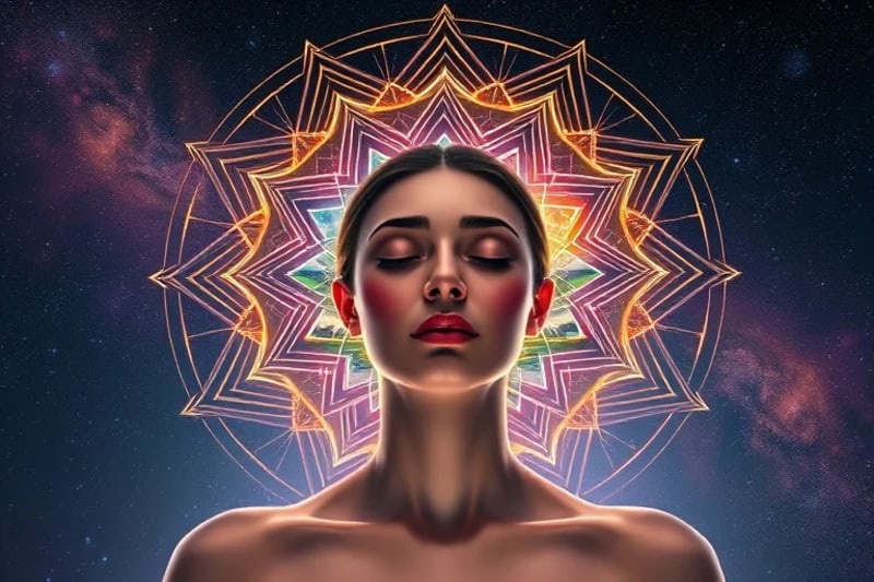 Person meditating in front of a holographic projection of AI-generated art depicting desires: garden, success symbol, serene landscape.