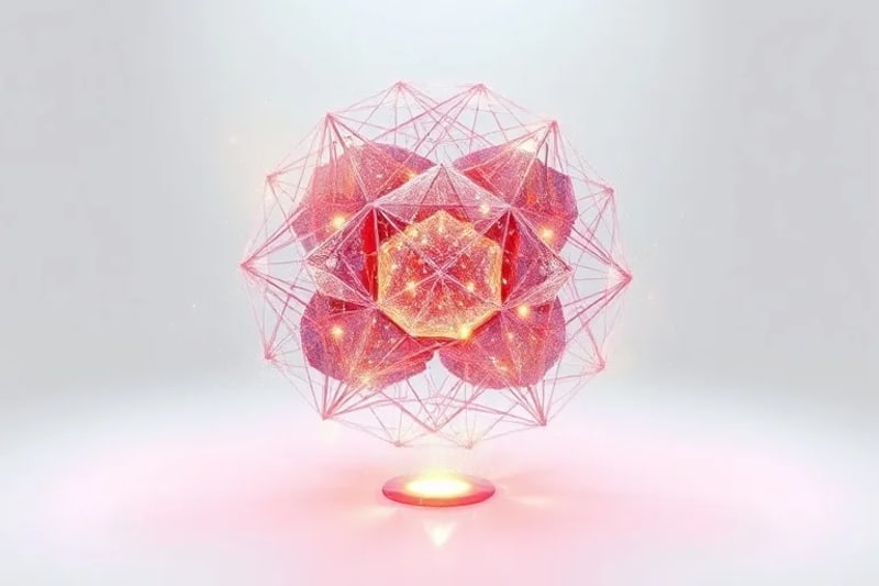 Abstract, interconnected geometric shapes forming a complex, evolving sculpture of luminous particles, floating in a minimalist white space.