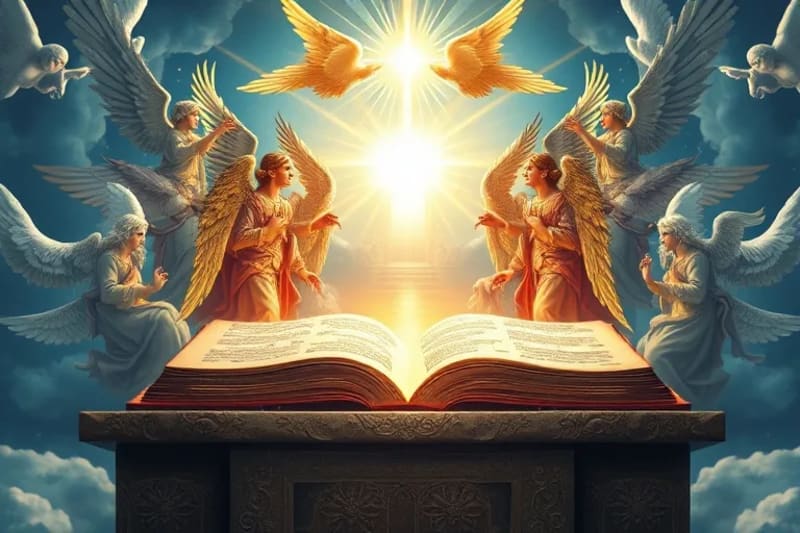 Escena celestial con ángeles y un camino vocacional