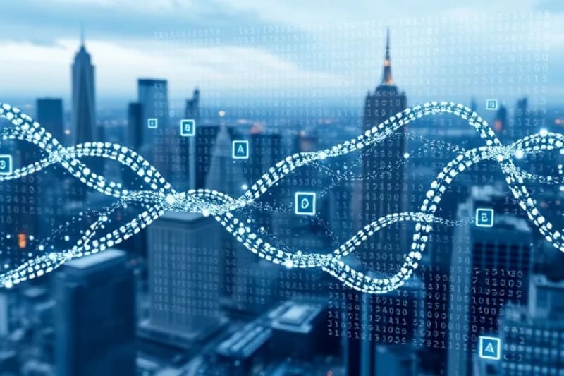Representación abstracta de datos fluyendo a través de una estructura cristalina, simbolizando la ética y la integridad en la IA.