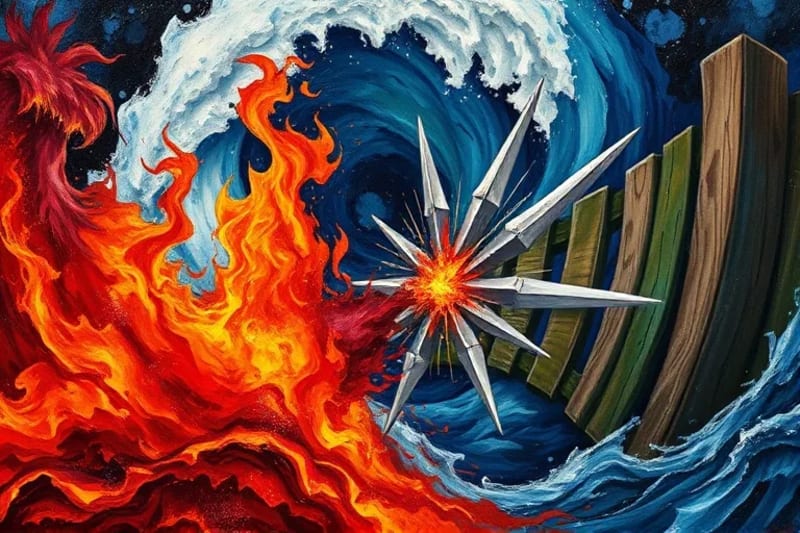 Abstract digital painting showing fire and water clashing, with metal shards and wood structures in tension.