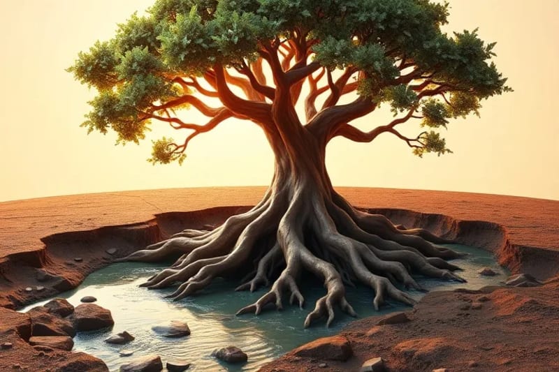 3D render of harmonious elements: wood, earth, water, fire, metal interconnected in a peaceful cycle.