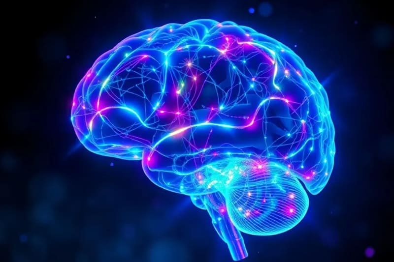 Representación 3D de un cerebro humano con vías neuronales iluminadas
