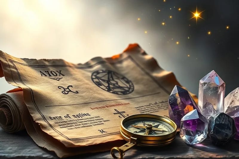 Pergaminos antiguos con símbolos rúnicos y astrológicos, cristales energéticos y una brújula apuntando a una estrella, simbolizando la guía en el viaje kármico.