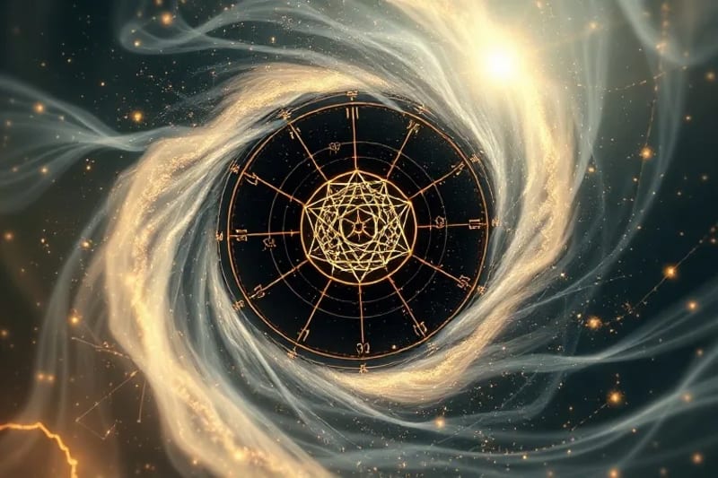 Vórtice dinámico de luz y sombra con patrones geométricos, representando la liberación kármica y la ascensión espiritual, con partículas etéreas ascendiendo hacia la luz.
