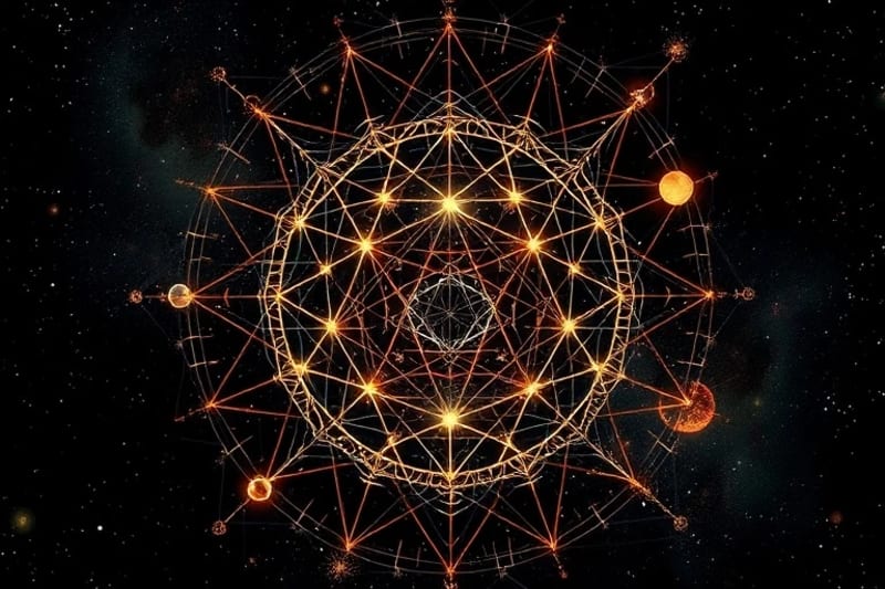 Intricate web of glowing threads connecting celestial bodies, symbolizing karmic ties
