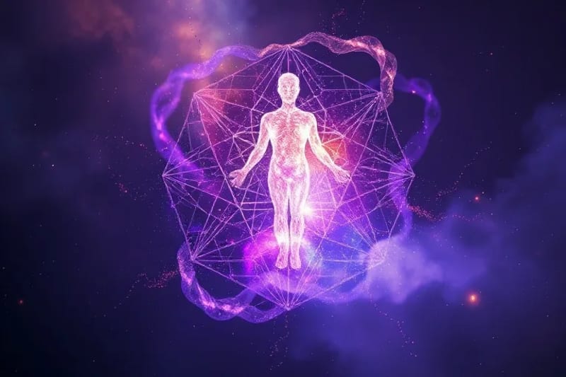 Abstract representation of cosmic energy flowing through a human-like silhouette, symbolizing spiritual awakening
