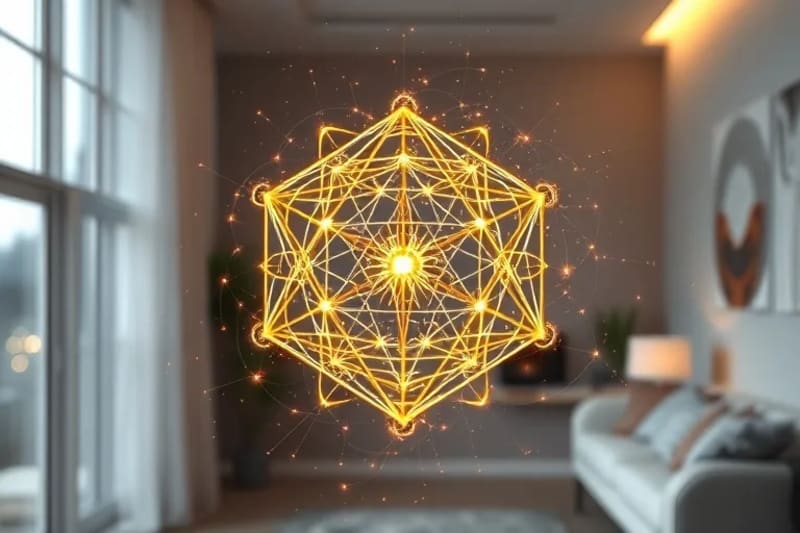 Cubo de Metatrón luminoso flotando en un espacio minimalista futurista con corrientes de energía cuántica