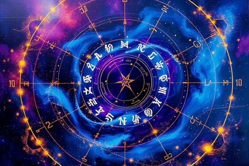 Pintura abstracta al óleo de patrones celestiales arremolinados en tonos azules y dorados, con símbolos de estrellas voladoras