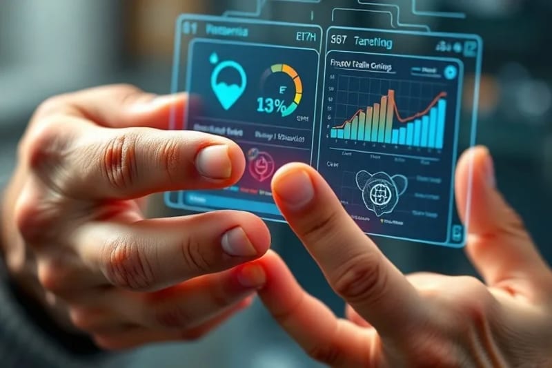 Close-up of older and younger hands interacting with a holographic interface displaying health data, financial projections, and educational content, symbolizing intergenerational collaboration in smart aging.