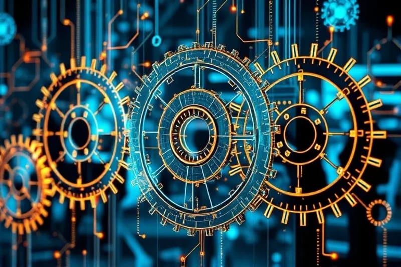 Abstract 3D render of interconnected glowing gears and data streams, with subtle human silhouettes in the background, representing the complex ecosystem of the longevity economy.