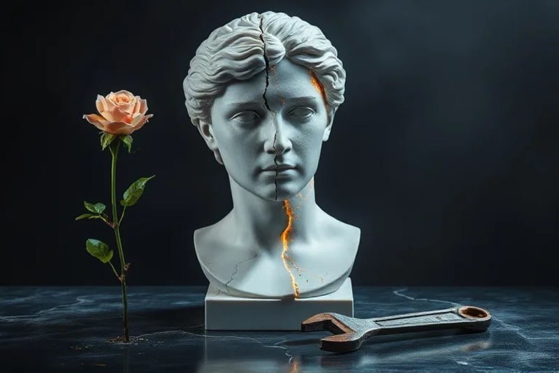 Representación artística de un busto de mármol clásico entrelazado con circuitos digitales luminosos, simbolizando la tensión ética entre la humanidad natural y la mejora tecnológica.