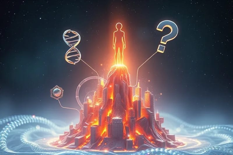 Representación abstracta de una silueta humana luminosa en la cima de una estructura cristalina que fusiona cerebro y ciudad, con flujos de datos y elementos simbólicos de ADN y microchips, sobre un fondo cósmico.