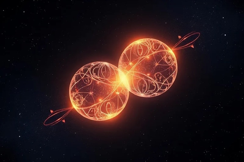 An abstract representation of quantum entanglement with two glowing, intertwined energy spheres connected by shimmering threads of light.