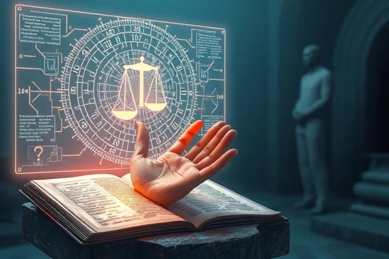 Mano humana tocando interfaz holográfica con dilemas éticos
