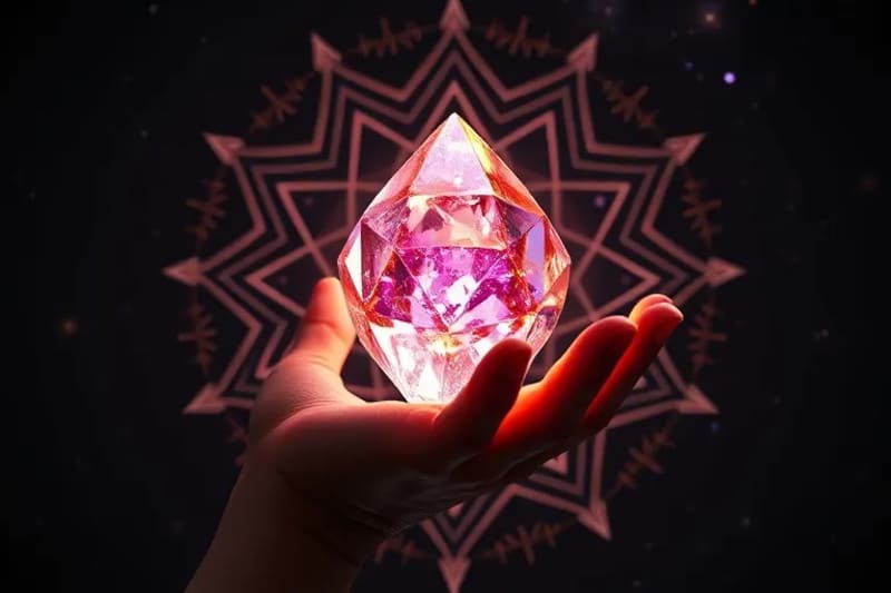 Mano futurista sosteniendo un cristal pulsante con patrones geométricos, simbolizando gemoterapia avanzada.
