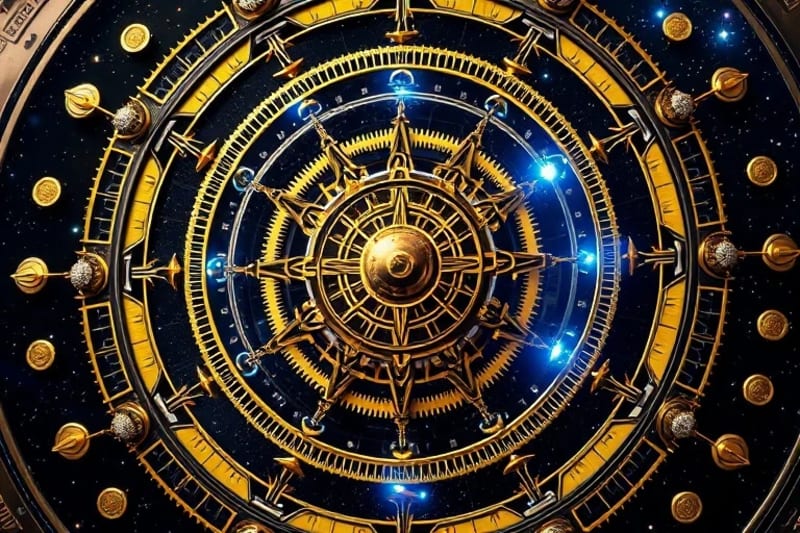 A detailed, stylized depiction of a celestial clockwork mechanism with gears representing planetary orbits, interspersed with glowing quantum particles.