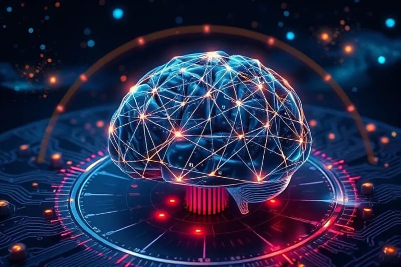 Cerebro estilizado con conexiones neuronales luminosas proyectando un cosmos holográfico, rodeado de símbolos esotéricos y circuitos tecnológicos.
