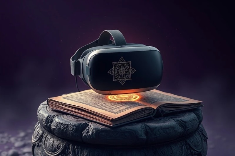 Casco de RV sobre cojín de meditación con mandala holográfico