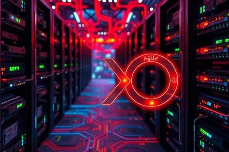 Render 3D de racks de servidores interconectados con líneas luminosas que representan rutas de datos entre distintas plataformas de nube, con iconos de Agile y DevOps integrados.