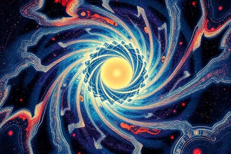 Vórtice de luz y color con formas geométricas que sugieren un portal interdimensional, sin figuras humanas.