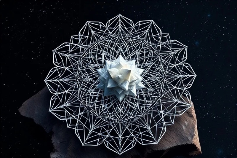 3D render of intricate geometric patterns formed by sound frequencies, integrated with a crystal cluster, symbolizing vibrational harmony and structural integrity in healing.