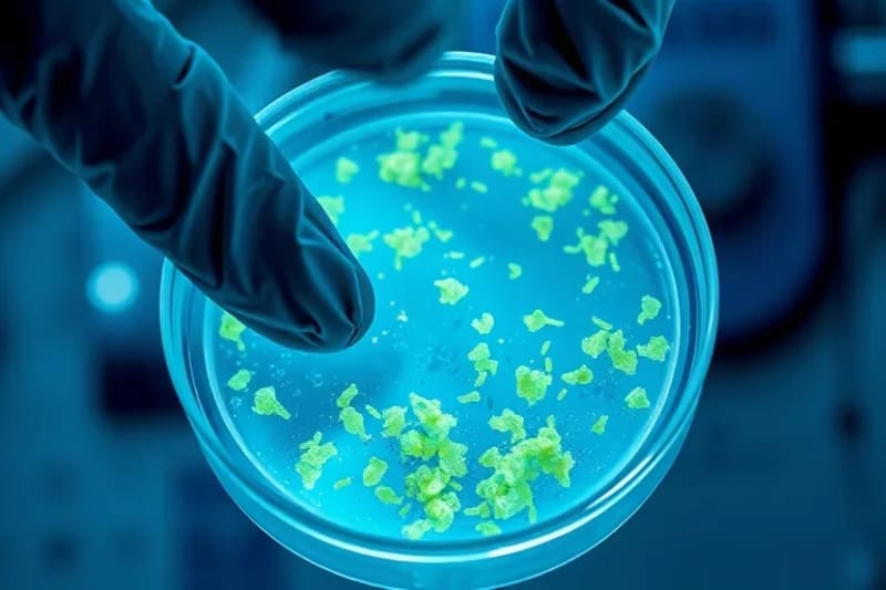 Primer plano de una placa de Petri con microorganismos marinos bioluminiscentes, observados por un científico en un laboratorio de investigación.