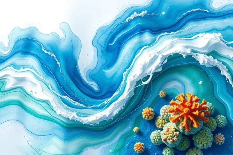 Pintura abstracta de acuarela con tonos azules, verdes y blancos que representan corrientes oceánicas, con elementos estilizados de energía renovable y arrecifes de coral.