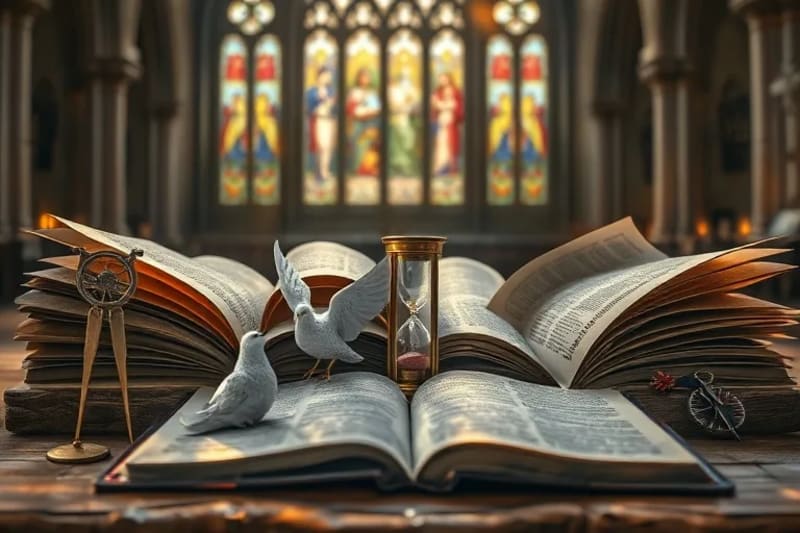 Bodegón conceptual de textos sagrados y símbolos del tiempo, representando la interpretación de las profecías en diversas tradiciones cristianas.