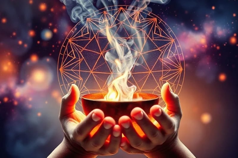 Manos realizando capnomancia, con humo formando patrones intrincados y simbólicos, iluminado por una luz suave y cálida.
