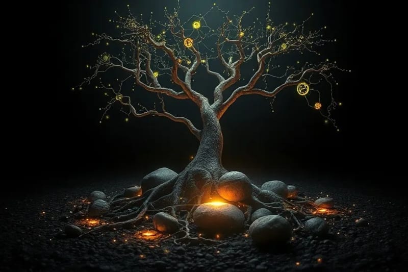 Representación abstracta de raíces etéreas que se conectan con piedras de río antiguas que irradian luz, simbolizando la sabiduría ancestral de la lithomancia.
