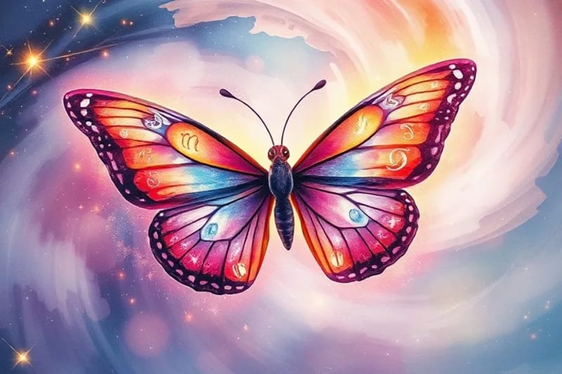 Mariposa emergiendo de crisálida con símbolos zodiacales