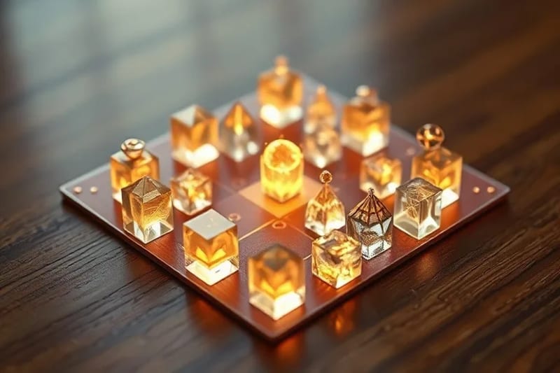 Macro photography of a glowing crystal grid with planetary symbols, representing a precise cosmic blueprint for energetic alignment