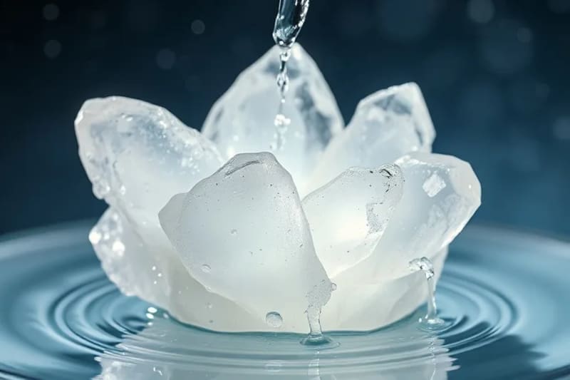 Clúster de cuarzo transparente siendo limpiado por un chorro de agua pura, con ondas de energía sutiles