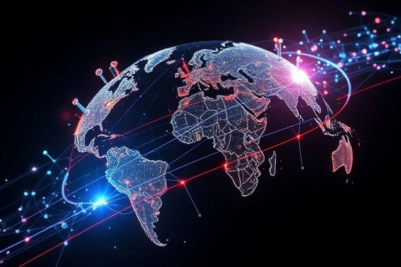 Representación artística de la Tierra con una red global de infraestructuras críticas protegida por una barrera cuántica, simbolizando la defensa digital del futuro.